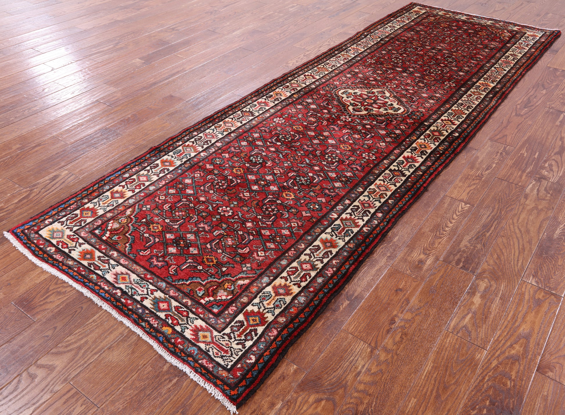 Red New Authentic Persian Hamadan Runner Rug - 3' 8" X 11' 1" - Golden Nile
