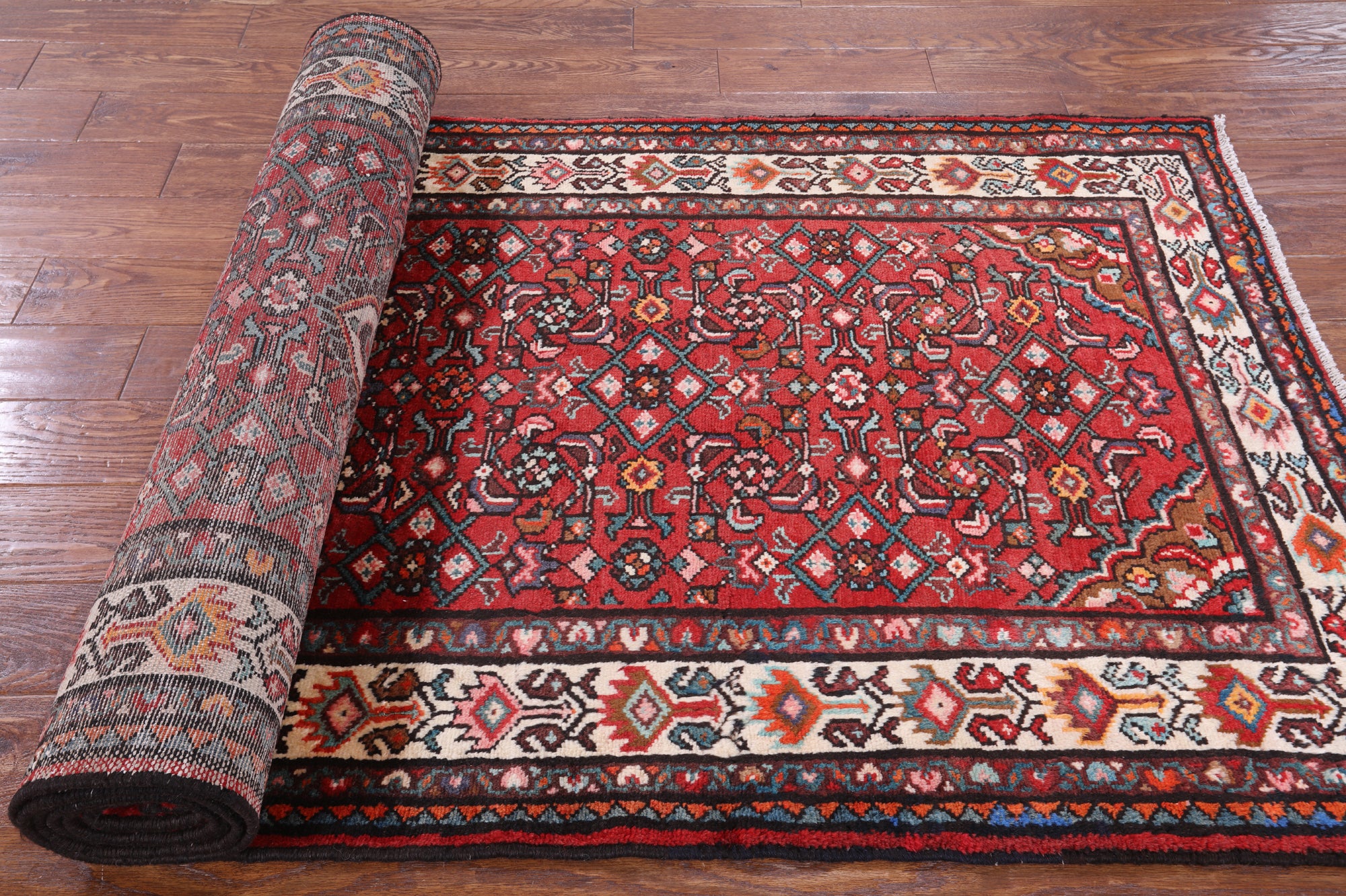 Red New Authentic Persian Hamadan Runner Rug - 3' 8" X 11' 1" - Golden Nile
