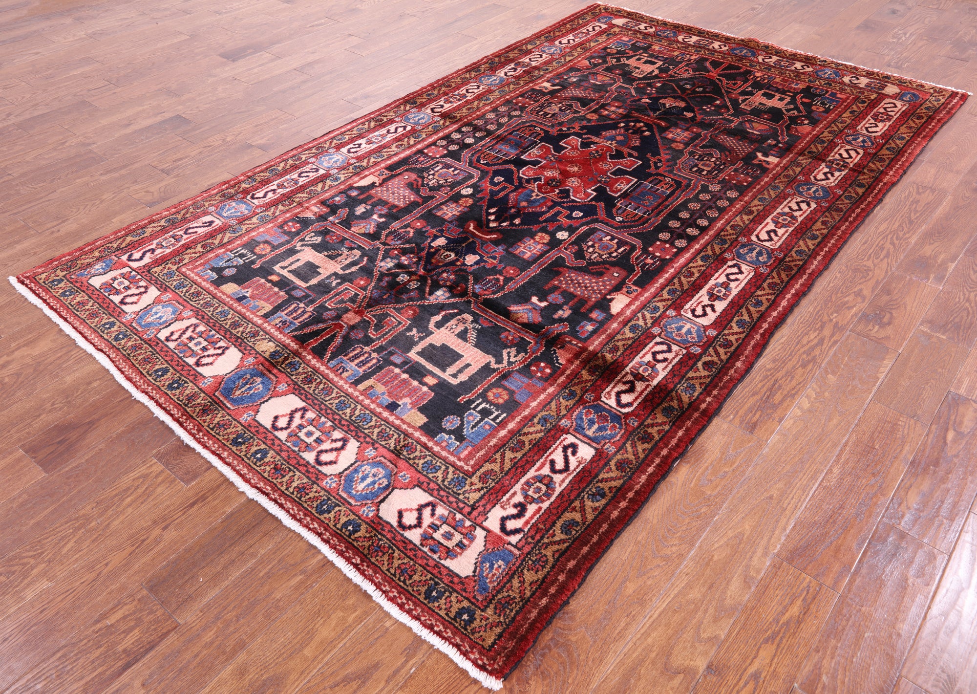 Black Hand Knotted New Authentic Persian Nahavand Rug - 5' 7" X 9' 8" - Golden Nile