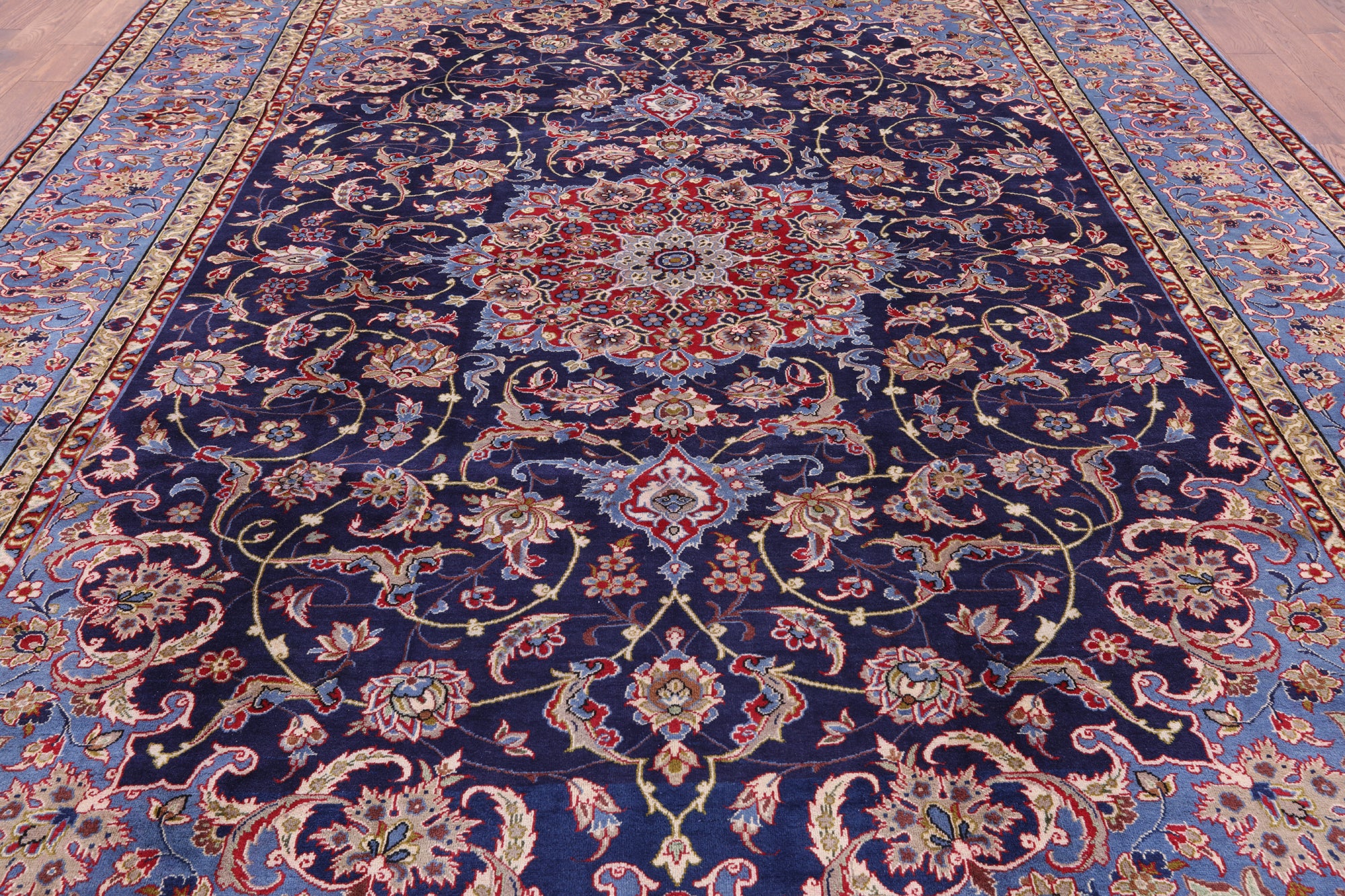 Blue New Authentic Persian Isfahan Hand Knotted Wool Rug - 10' 0" X 13' 11" - Golden Nile