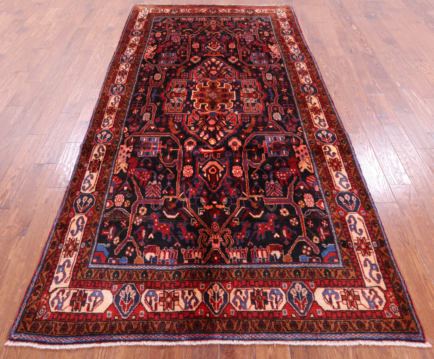 Black Persian Hamadan Hand Knotted Wool Rug - 5' 1" X 10' 5" - Golden Nile