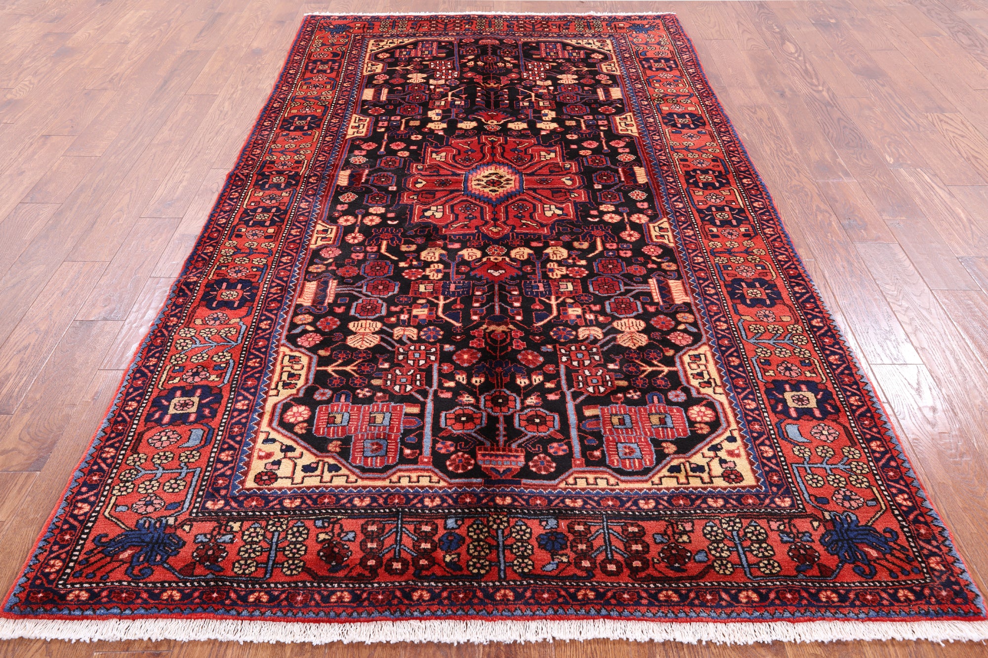 Black New Authentic Persian Nahavand Hand Knotted Rug - 5' 6" X 9' 6" - Golden Nile