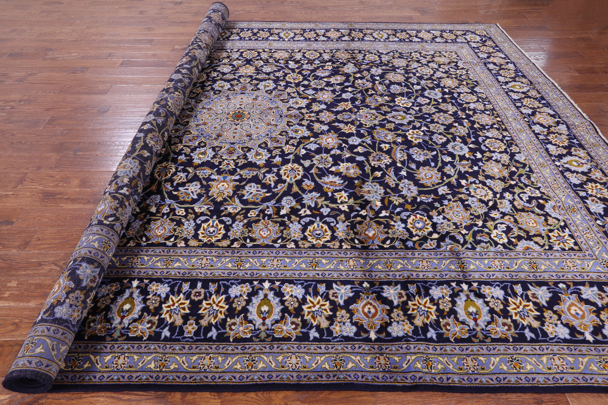 Blue New Authentic Persian Kashan Hand Knotted Wool Rug - 10' 2" X 13' 5" - Golden Nile