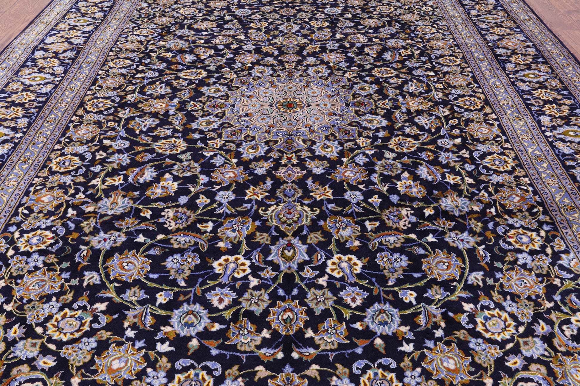 Blue New Authentic Persian Kashan Hand Knotted Wool Rug - 10' 2" X 13' 5" - Golden Nile