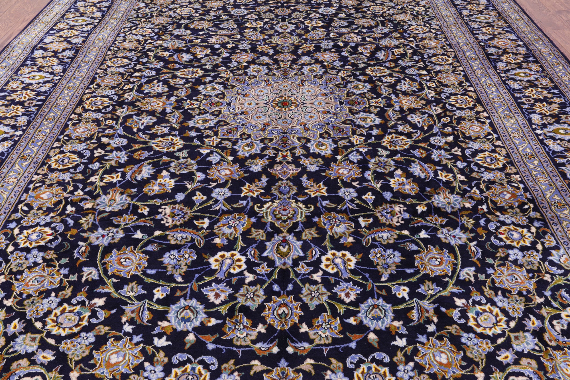 Blue New Authentic Persian Kashan Hand Knotted Wool Rug - 10' 2" X 13' 5" - Golden Nile