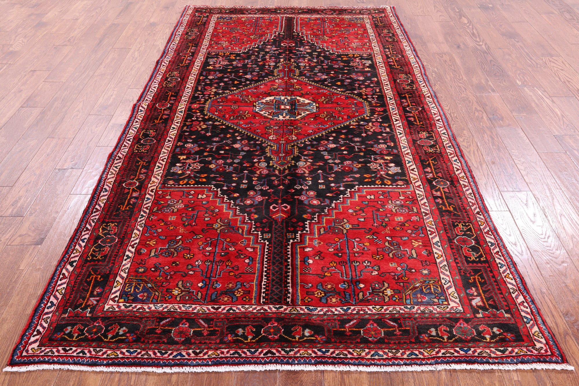 Black New Persian Authentic Hamadan Wool Rug - 5' 4" X 9' 9" - Golden Nile
