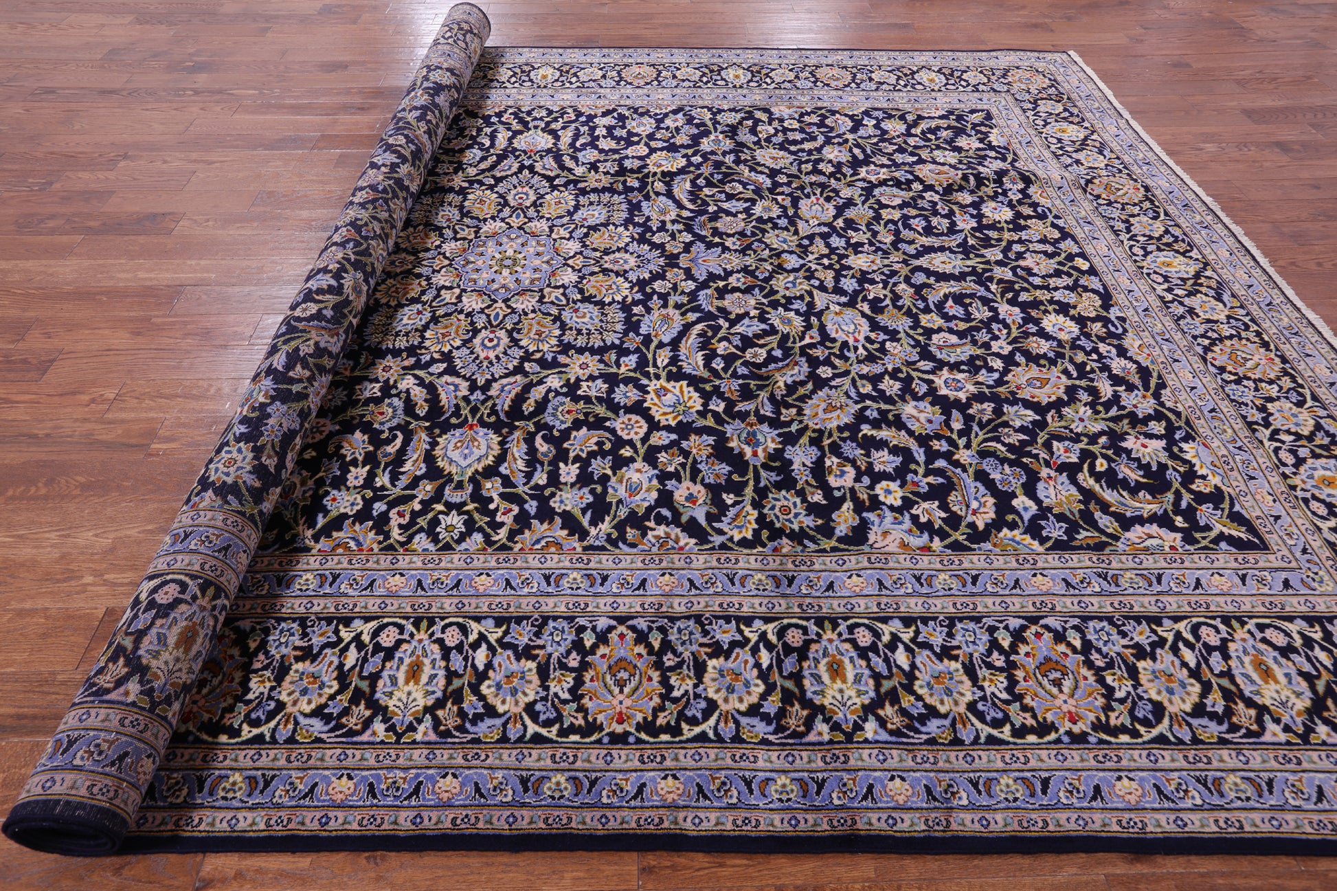 Blue New Authentic Persian Kashan Hand Knotted Rug - 10' 2" X 13' 9" - Golden Nile