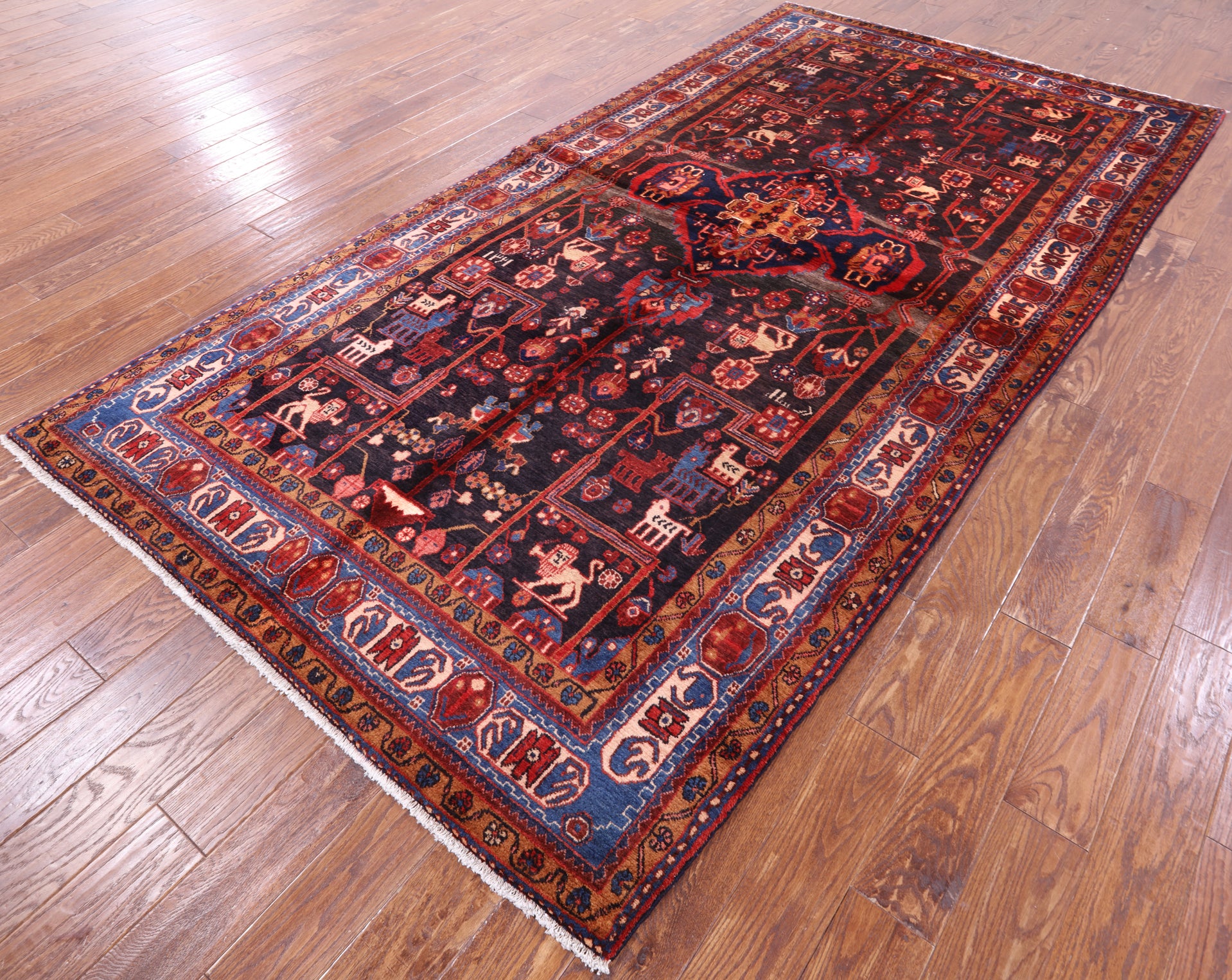 Black New Persian Nahavand Hand Knotted Rug - 5' 7" X 10' 9" - Golden Nile
