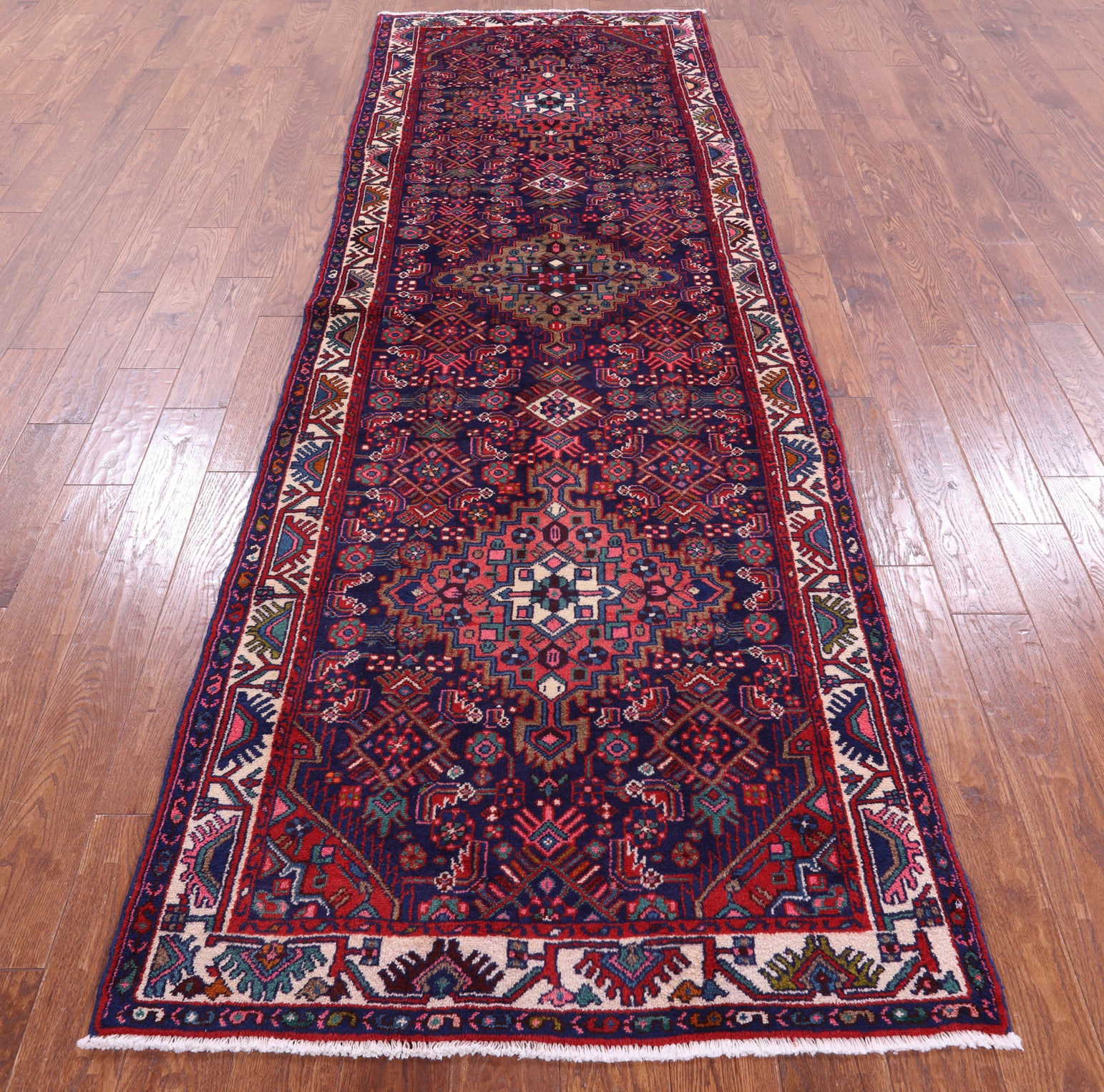 Blue Runner New Authentic Persian Hamadan Hand Knotted Rug - 3' 6" X 10' 10" - Golden Nile