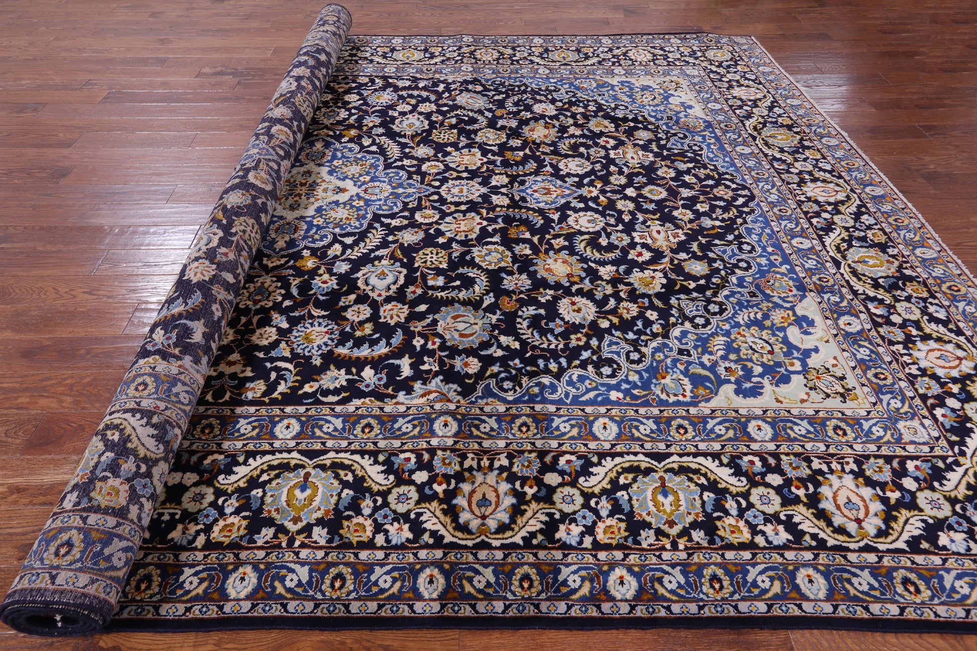 Blue New Authentic Persian Kashan Hand Knotted Rug - 9' 9" X 13' 7" - Golden Nile