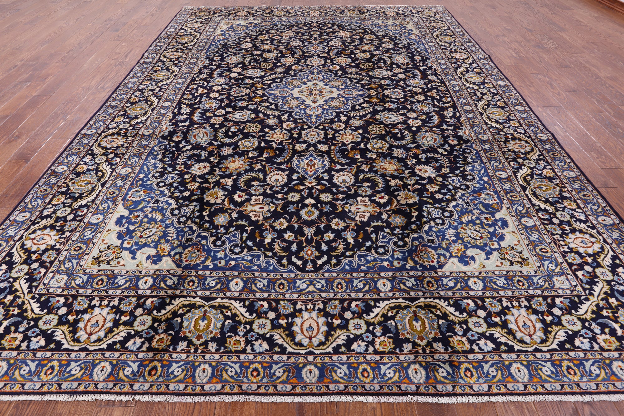Blue New Authentic Persian Kashan Hand Knotted Rug - 9' 9" X 13' 7" - Golden Nile
