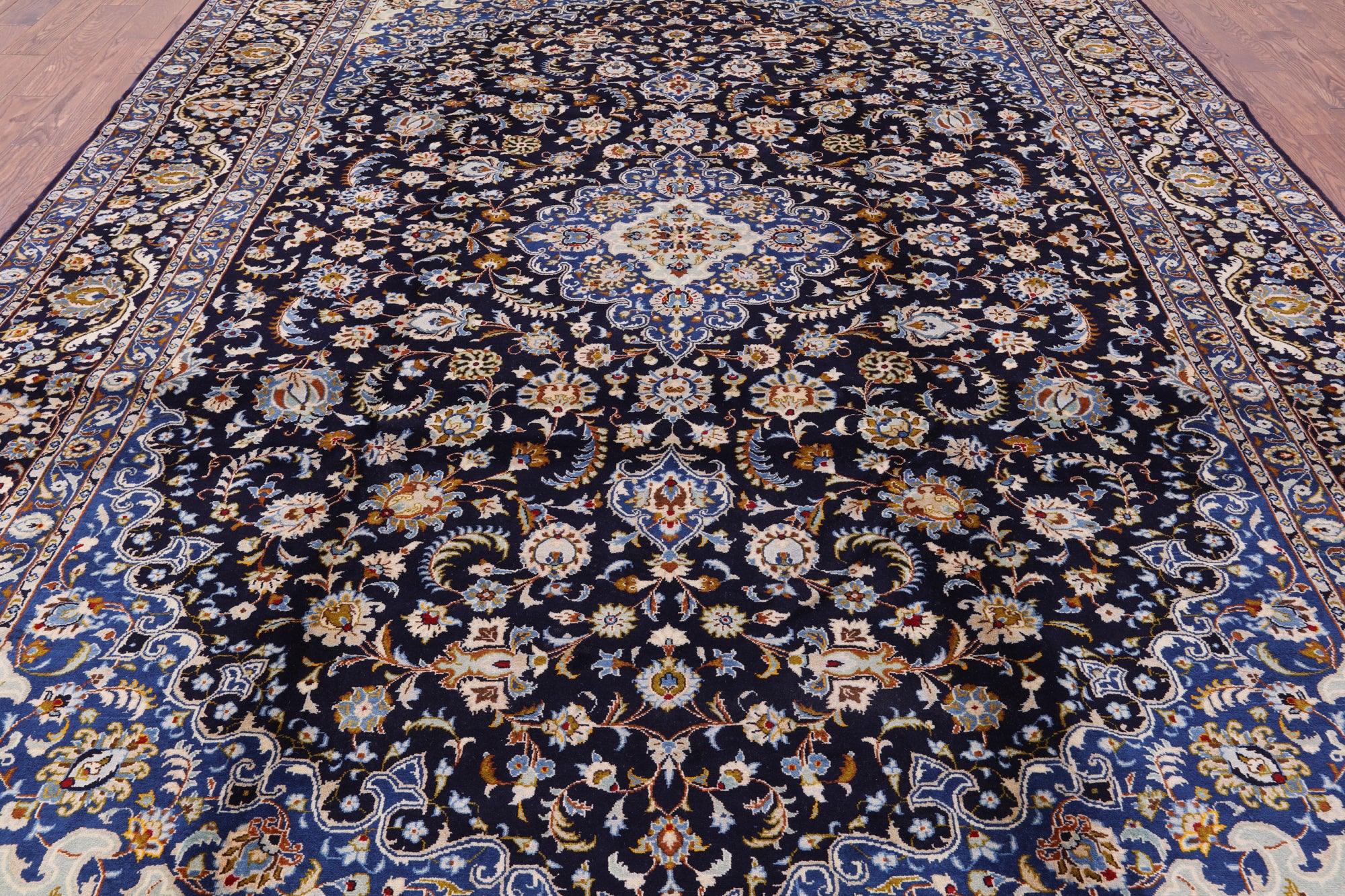 Blue New Authentic Persian Kashan Hand Knotted Rug - 9' 9" X 13' 7" - Golden Nile