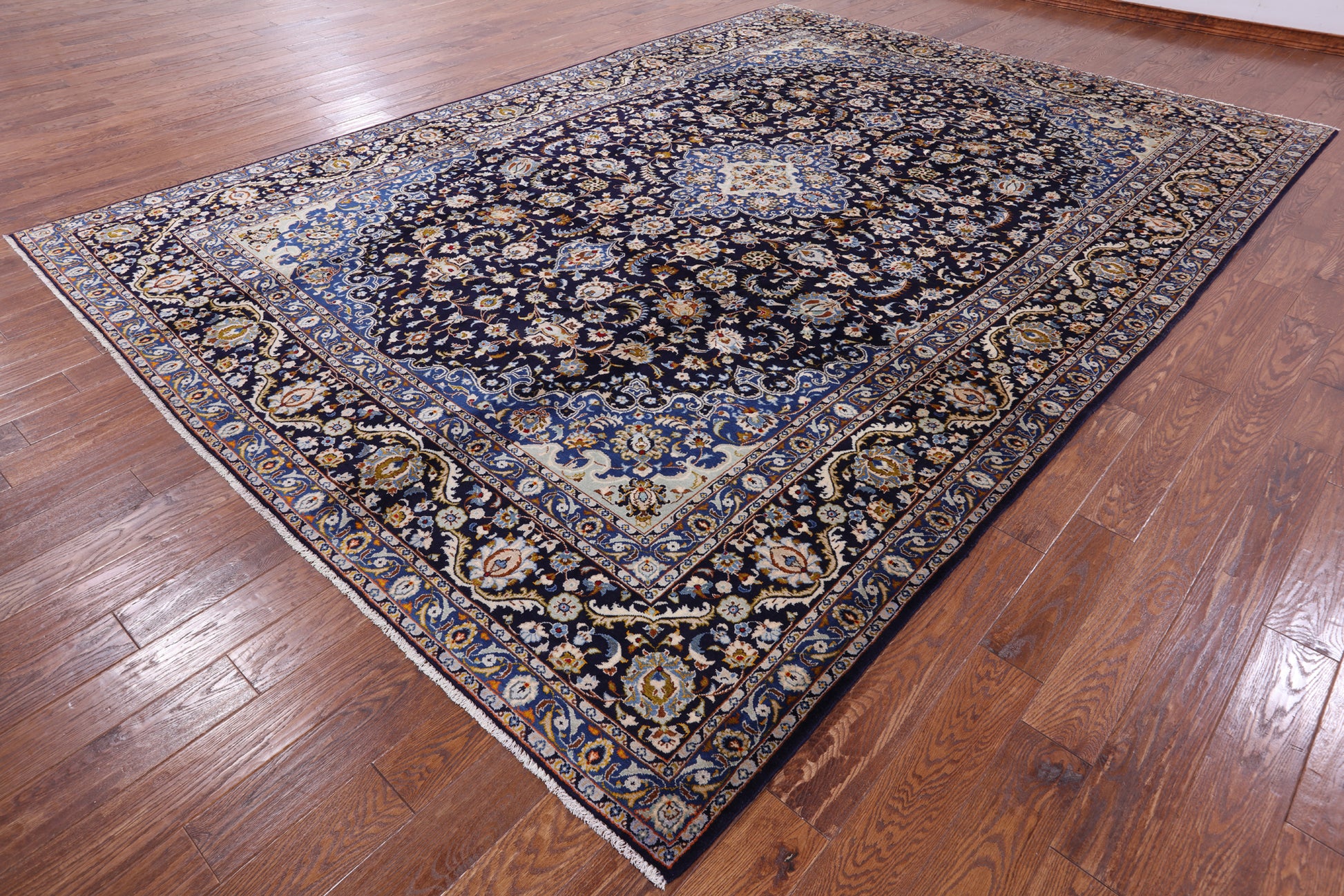 Blue New Authentic Persian Kashan Hand Knotted Rug - 9' 9" X 13' 7" - Golden Nile