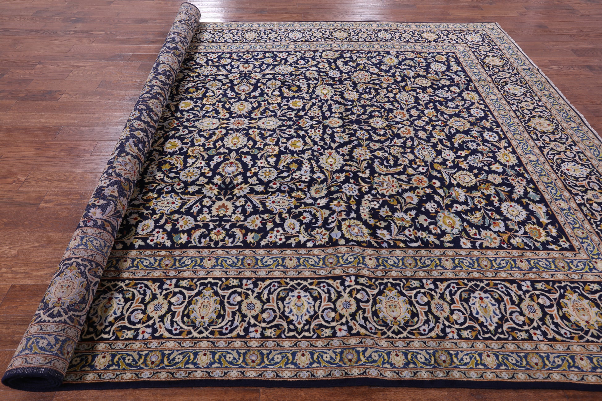 Blue New Signed Authentic Persian Kashan Area Rug - 9' 5" X 13' 3" - Golden Nile