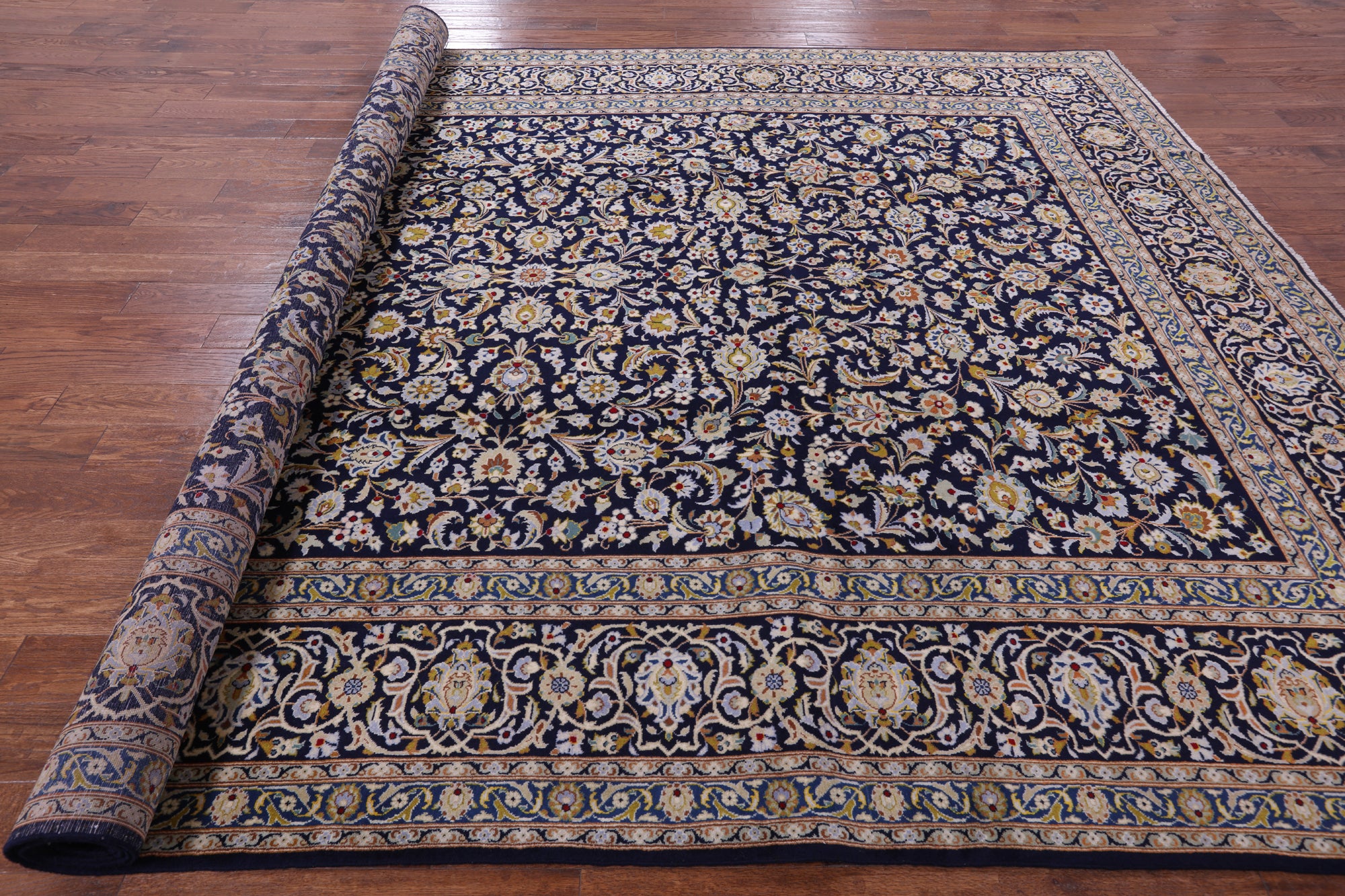 Blue New Signed Authentic Persian Kashan Area Rug - 9' 5" X 13' 3" - Golden Nile