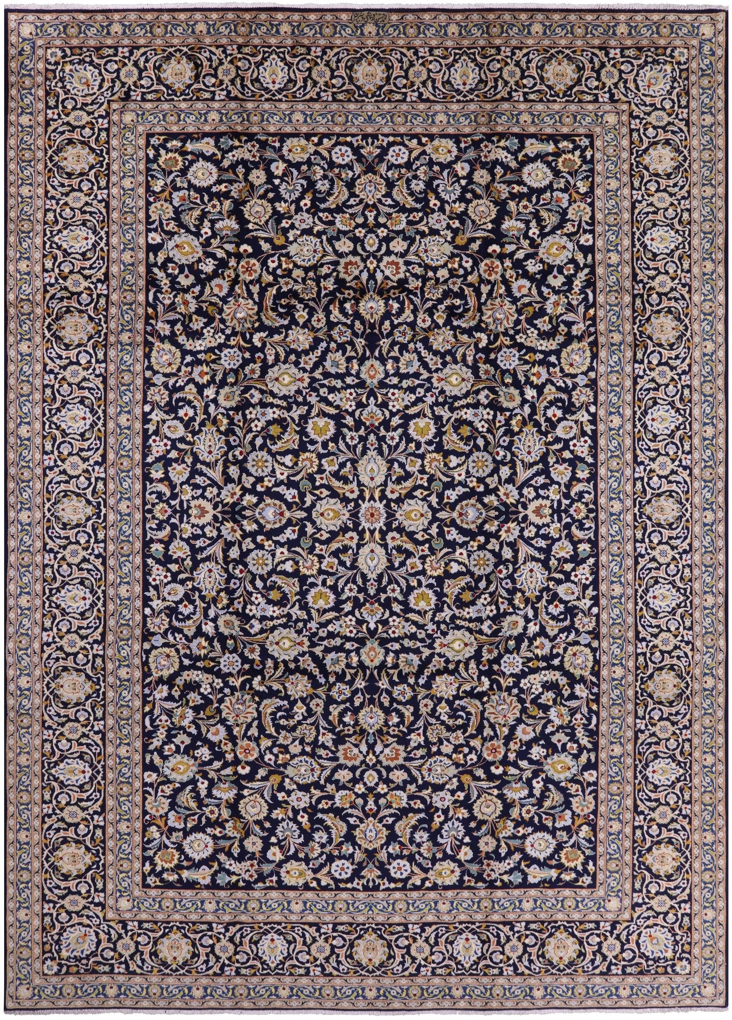Blue New Signed Authentic Persian Kashan Area Rug - 9' 5" X 13' 3" - Golden Nile
