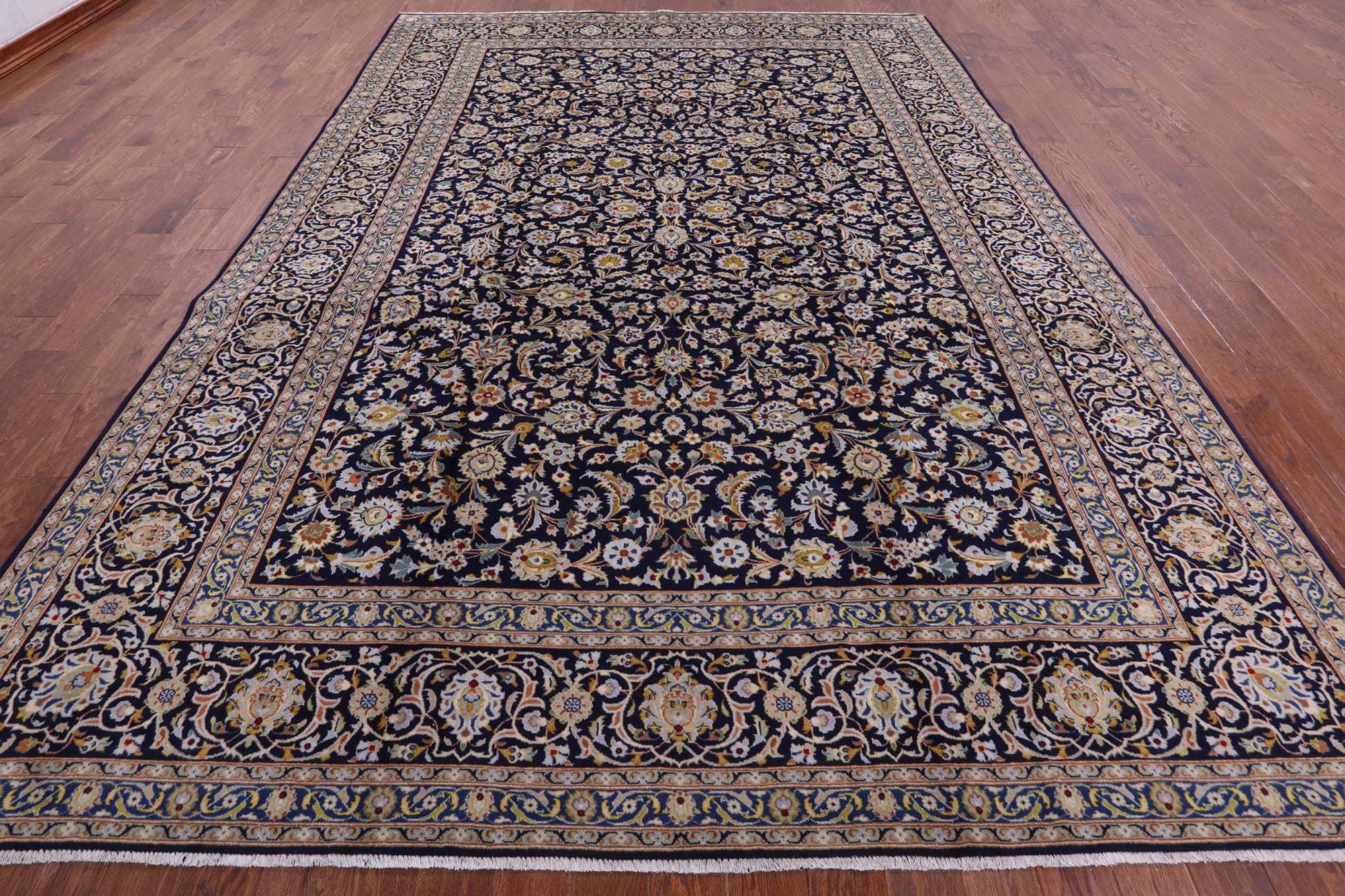 Blue New Signed Authentic Persian Kashan Area Rug - 9' 5" X 13' 3" - Golden Nile