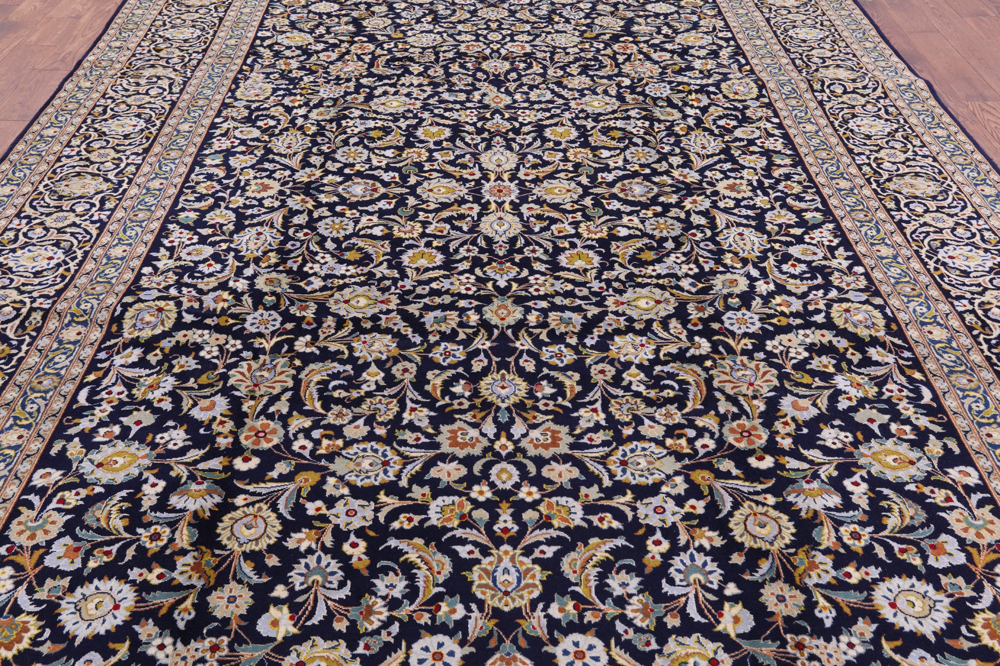 Blue New Signed Authentic Persian Kashan Area Rug - 9' 5" X 13' 3" - Golden Nile