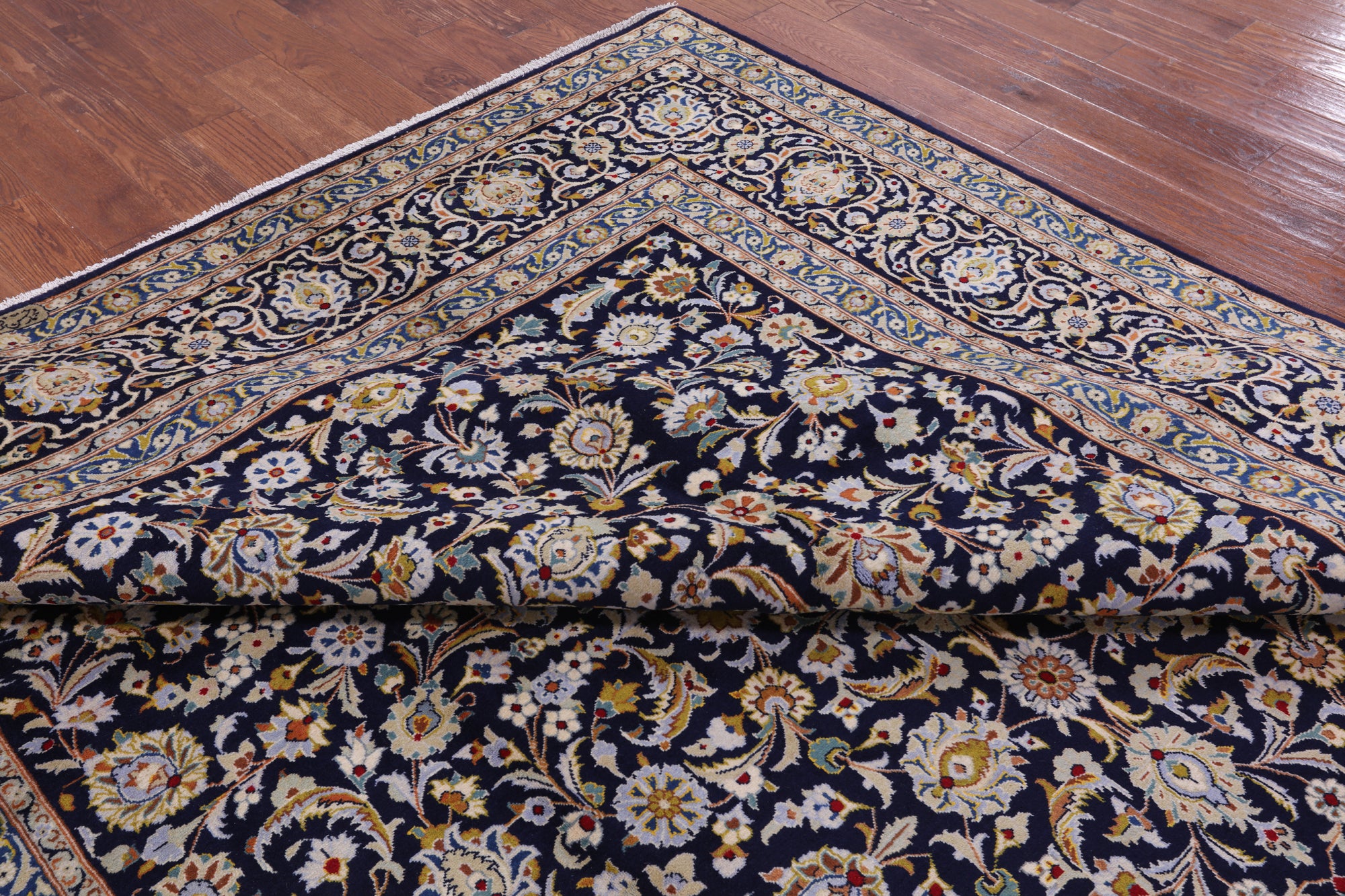 Blue New Signed Authentic Persian Kashan Area Rug - 9' 5" X 13' 3" - Golden Nile