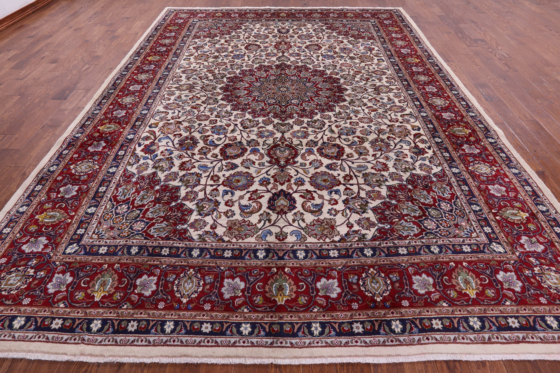 Ivory New Persian Mashad Hand Knotted Full Pile Wool Rug - 9' 11" X 13' 2" - Golden Nile