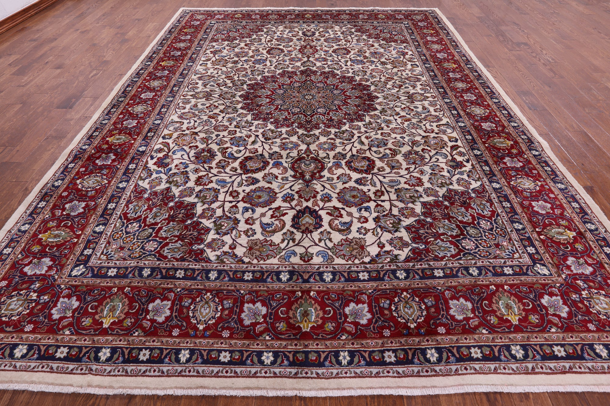 Ivory New Persian Mashad Hand Knotted Full Pile Wool Rug - 9' 11" X 13' 2" - Golden Nile
