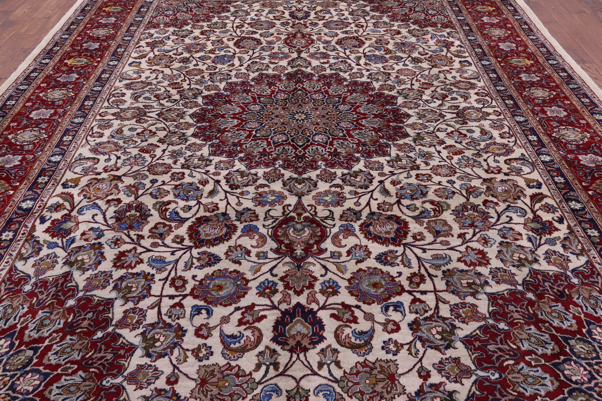 Ivory New Persian Mashad Hand Knotted Full Pile Wool Rug - 9' 11" X 13' 2" - Golden Nile