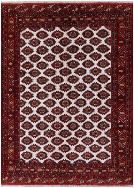 Ivory Authentic Persian Turkmen Wool On Wool Handmade Rug - 6' 10" X 9' 5" - Golden Nile