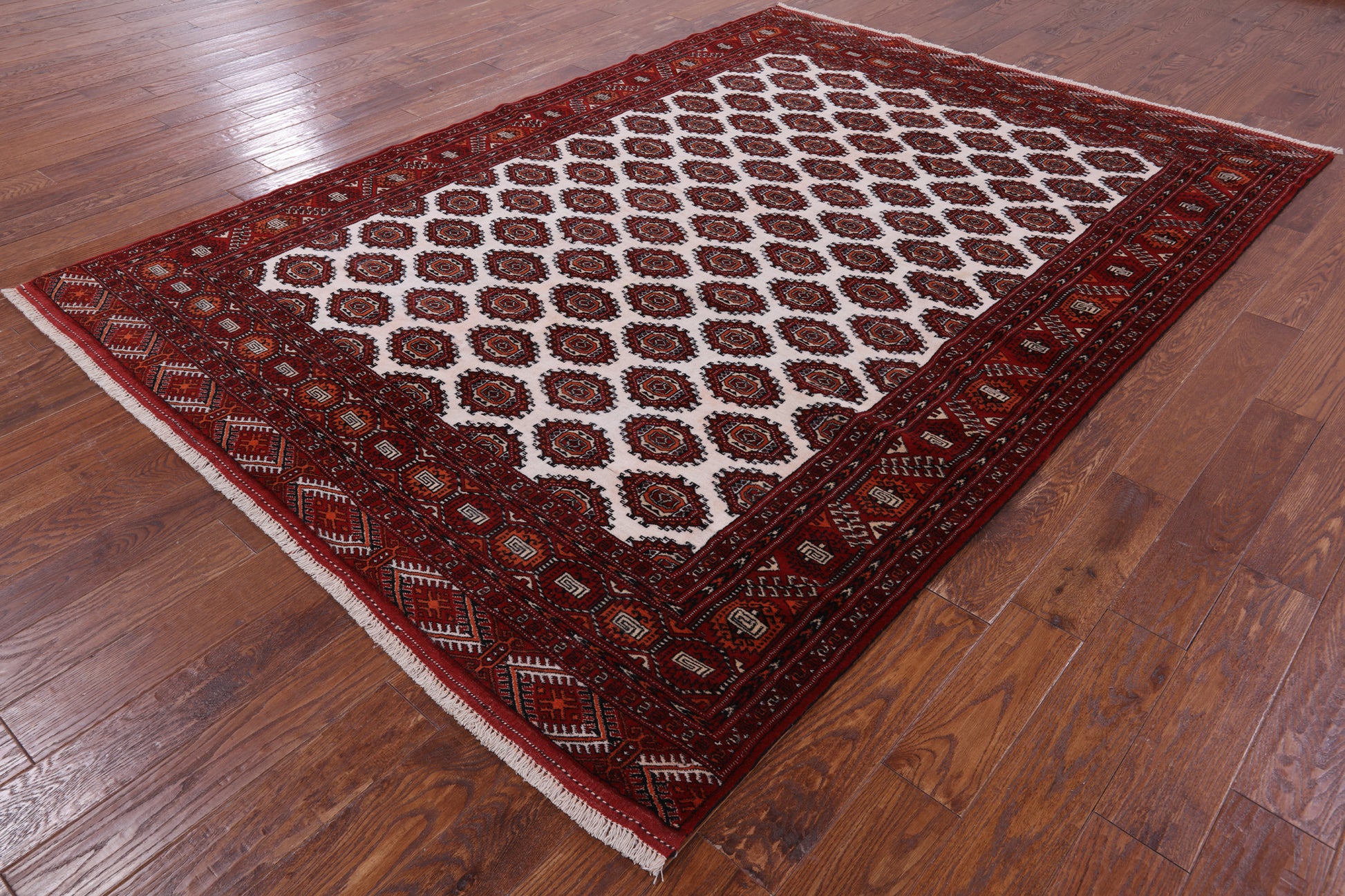 Ivory Authentic Persian Turkmen Wool On Wool Handmade Rug - 6' 10" X 9' 5" - Golden Nile