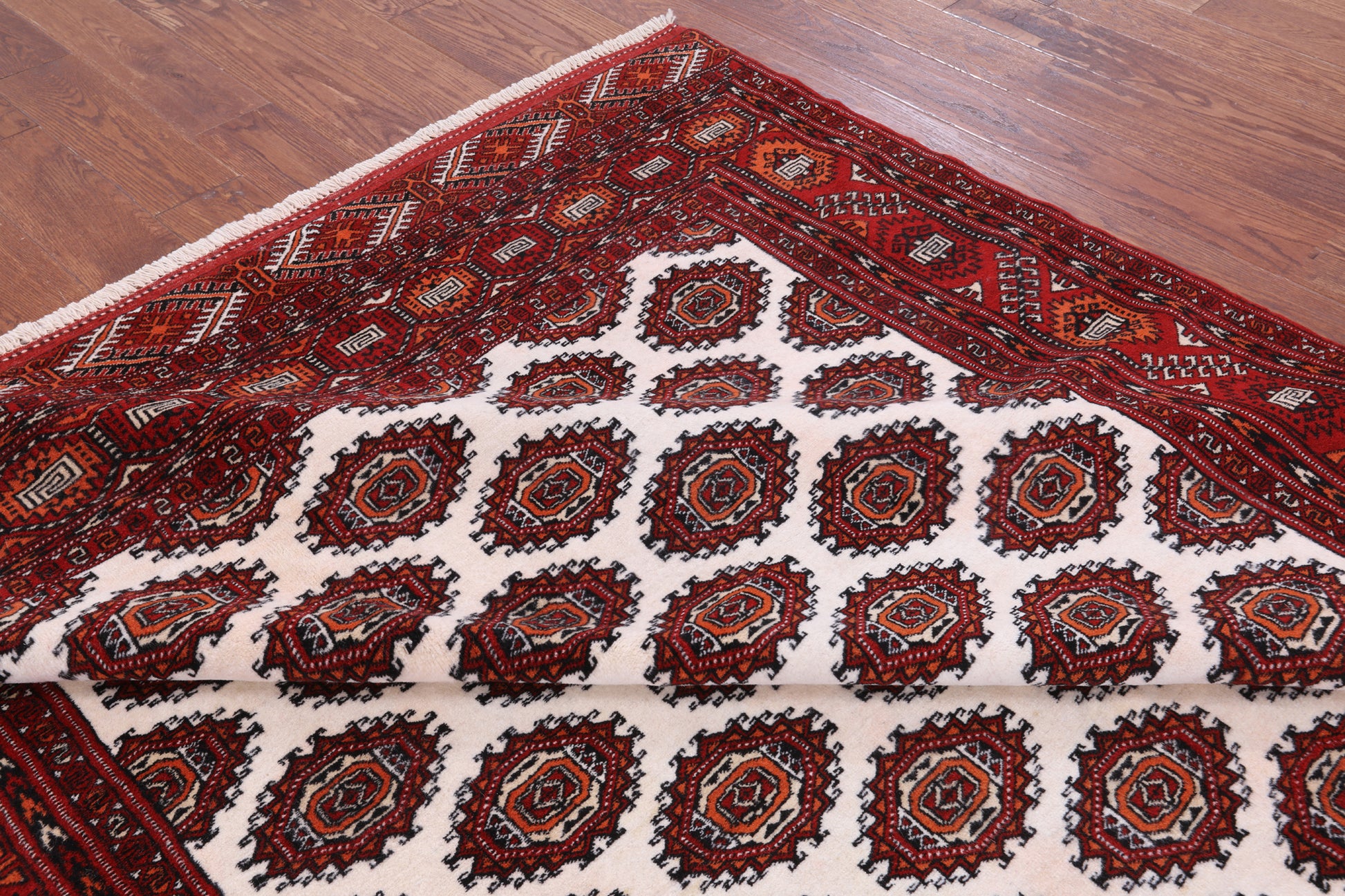Ivory Authentic Persian Turkmen Wool On Wool Handmade Rug - 6' 10" X 9' 5" - Golden Nile