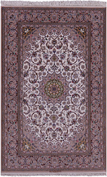 Ivory Isfahan Authentic Persian Hand Knotted Wool & Silk Area Rug - 5' 1" X 8' 2" - Golden Nile