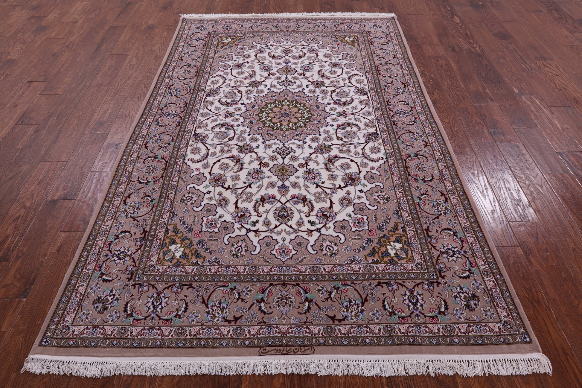 Ivory Isfahan Authentic Persian Hand Knotted Wool & Silk Area Rug - 5' 1" X 8' 2" - Golden Nile