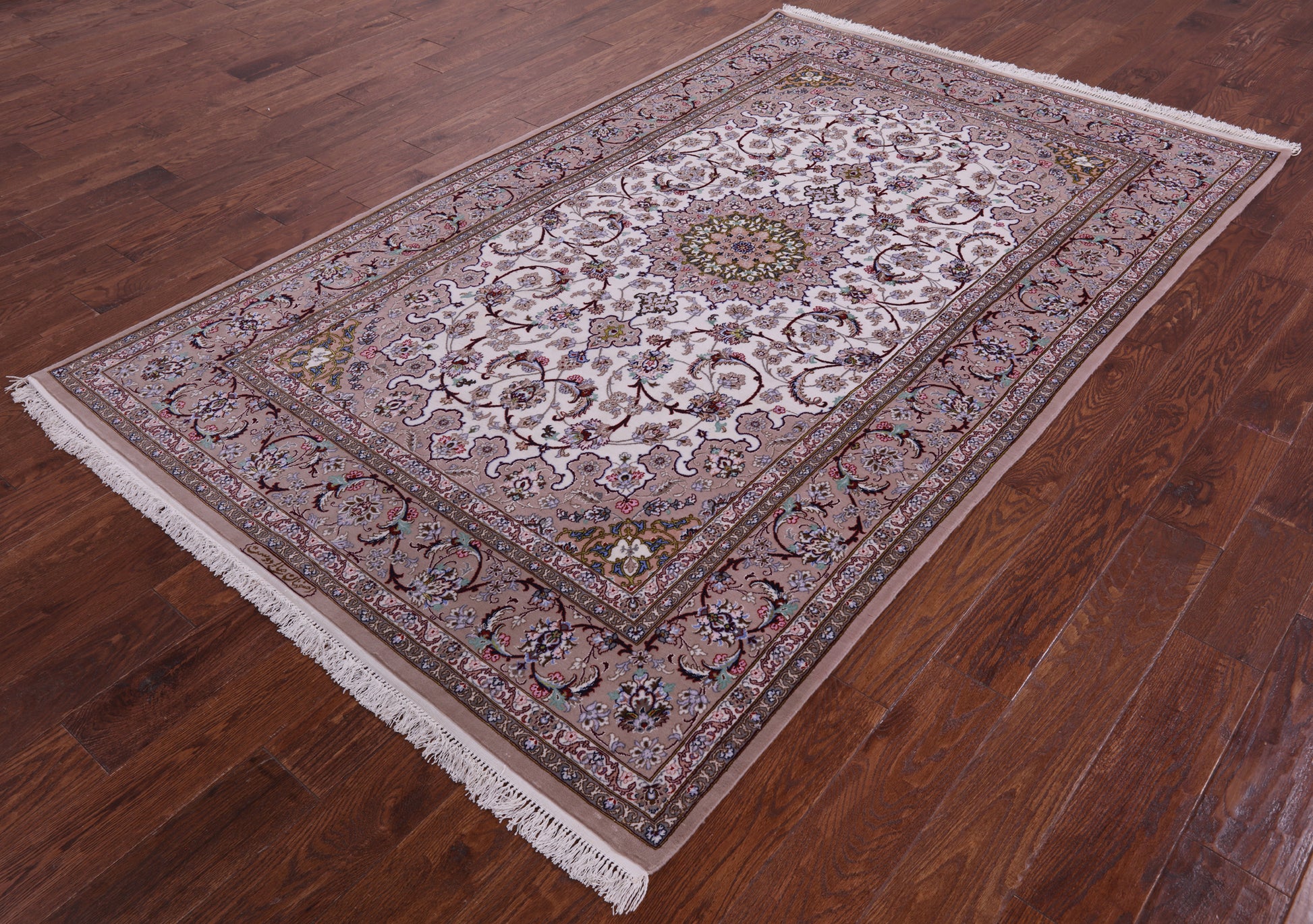 Ivory Isfahan Authentic Persian Hand Knotted Wool & Silk Area Rug - 5' 1" X 8' 2" - Golden Nile