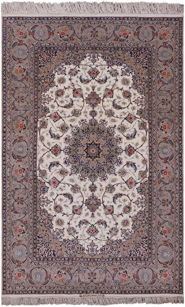Ivory Isfahan Authentic Persian Hand Knotted Wool & Silk Area Rug - 5' 1" X 7' 8" - Golden Nile