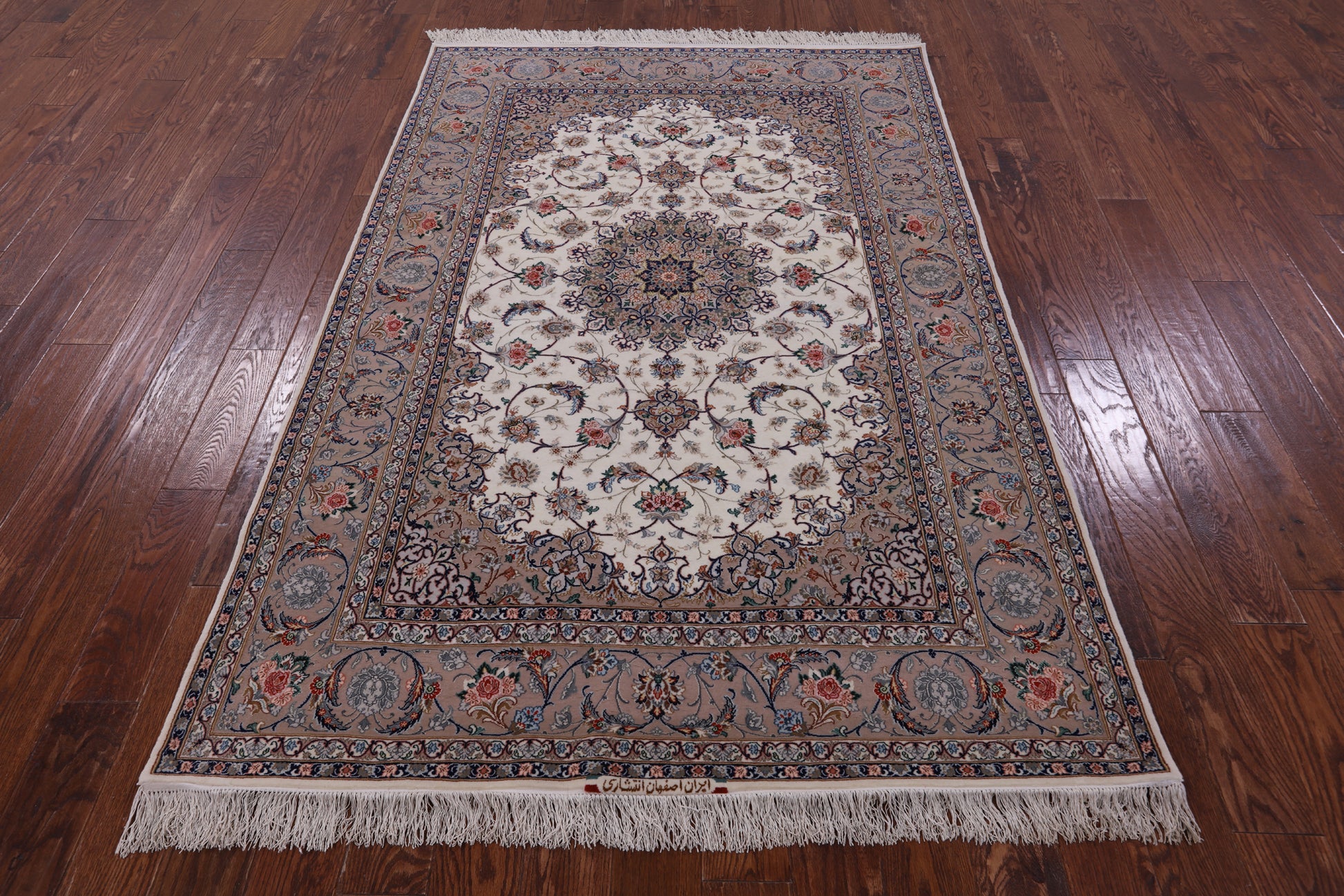 Ivory Isfahan Authentic Persian Hand Knotted Wool & Silk Area Rug - 5' 1" X 7' 8" - Golden Nile