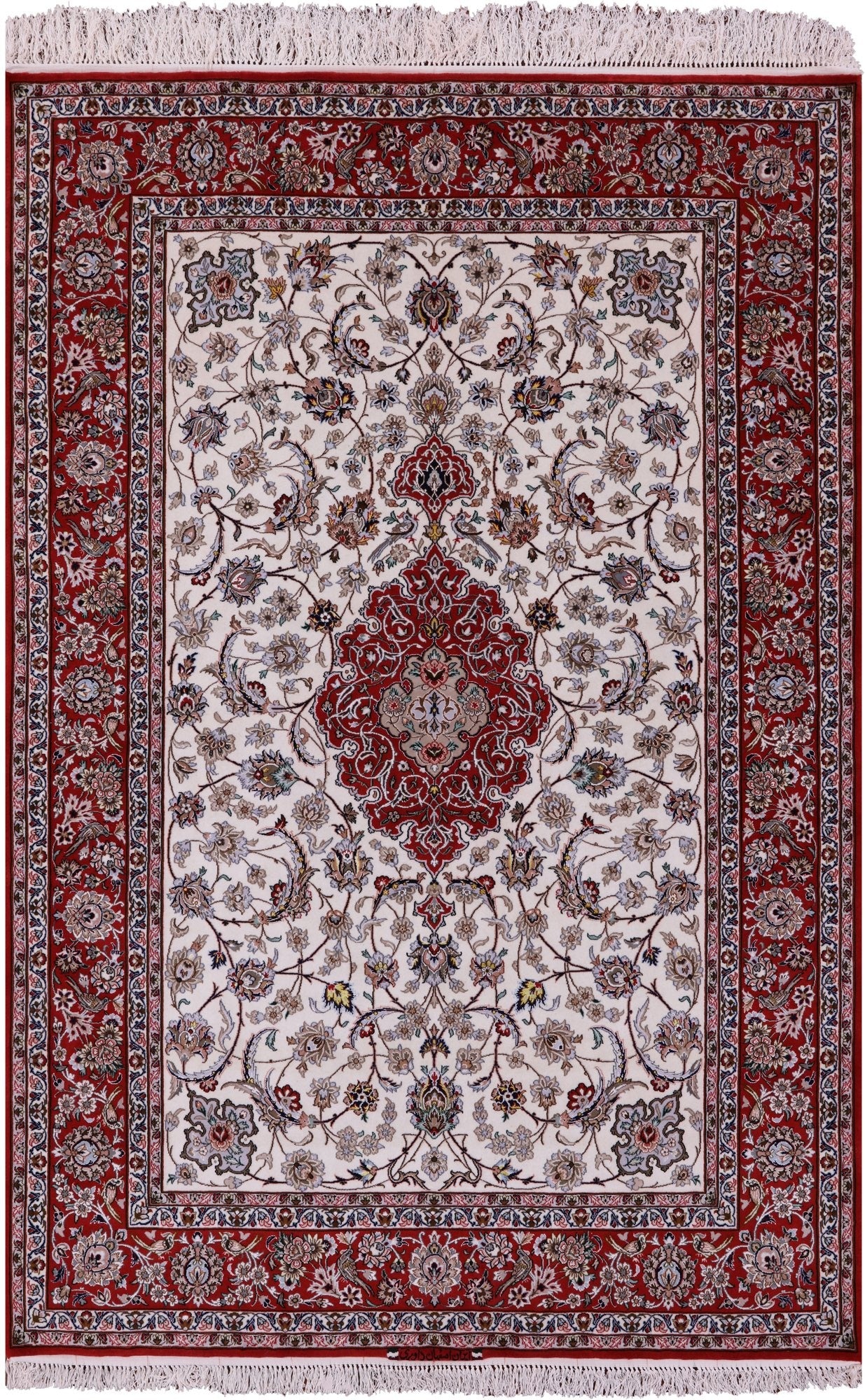Ivory Isfahan Authentic Persian Hand Knotted Wool & Silk Area Rug - 5' 1" X 7' 10" - Golden Nile