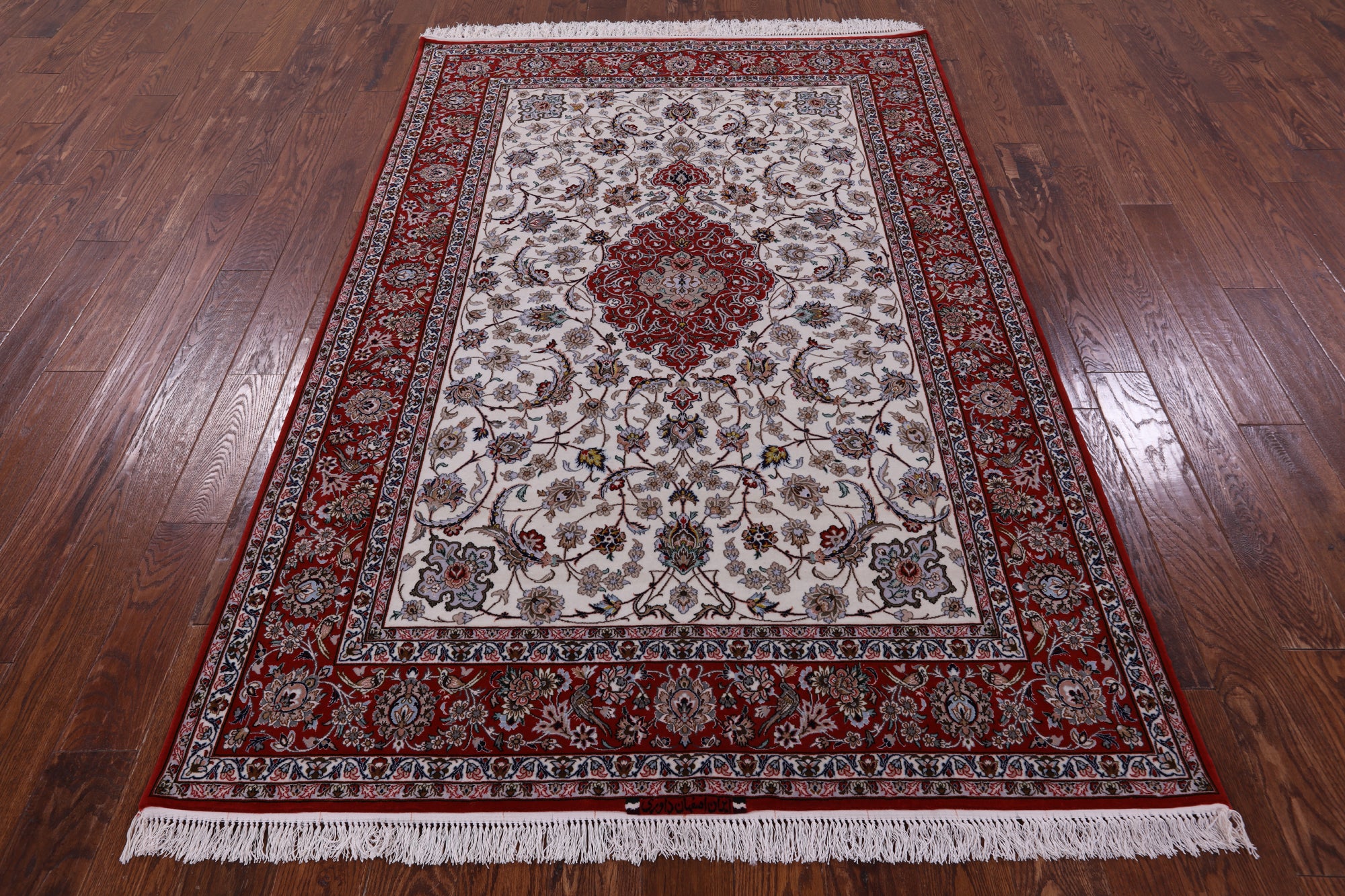 Ivory Isfahan Authentic Persian Hand Knotted Wool & Silk Area Rug - 5' 1" X 7' 10" - Golden Nile