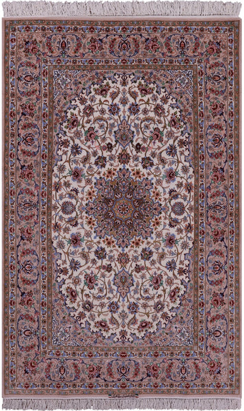 Ivory Isfahan Authentic Persian Hand Knotted Wool & Silk Area Rug - 5' 2" X 8' 2" - Golden Nile