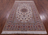 Ivory Isfahan Authentic Persian Hand Knotted Wool & Silk Area Rug - 5' 2" X 8' 2" - Golden Nile