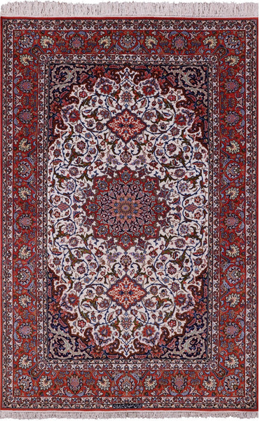 Ivory Isfahan Authentic Persian Hand Knotted Wool & Silk Area Rug - 5' 4" X 8' 2" - Golden Nile