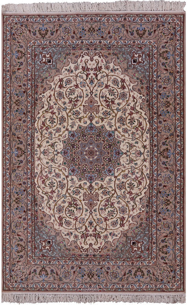 Ivory Isfahan Authentic Persian Hand Knotted Wool & Silk Area Rug - 5' 1" X 7' 7" - Golden Nile