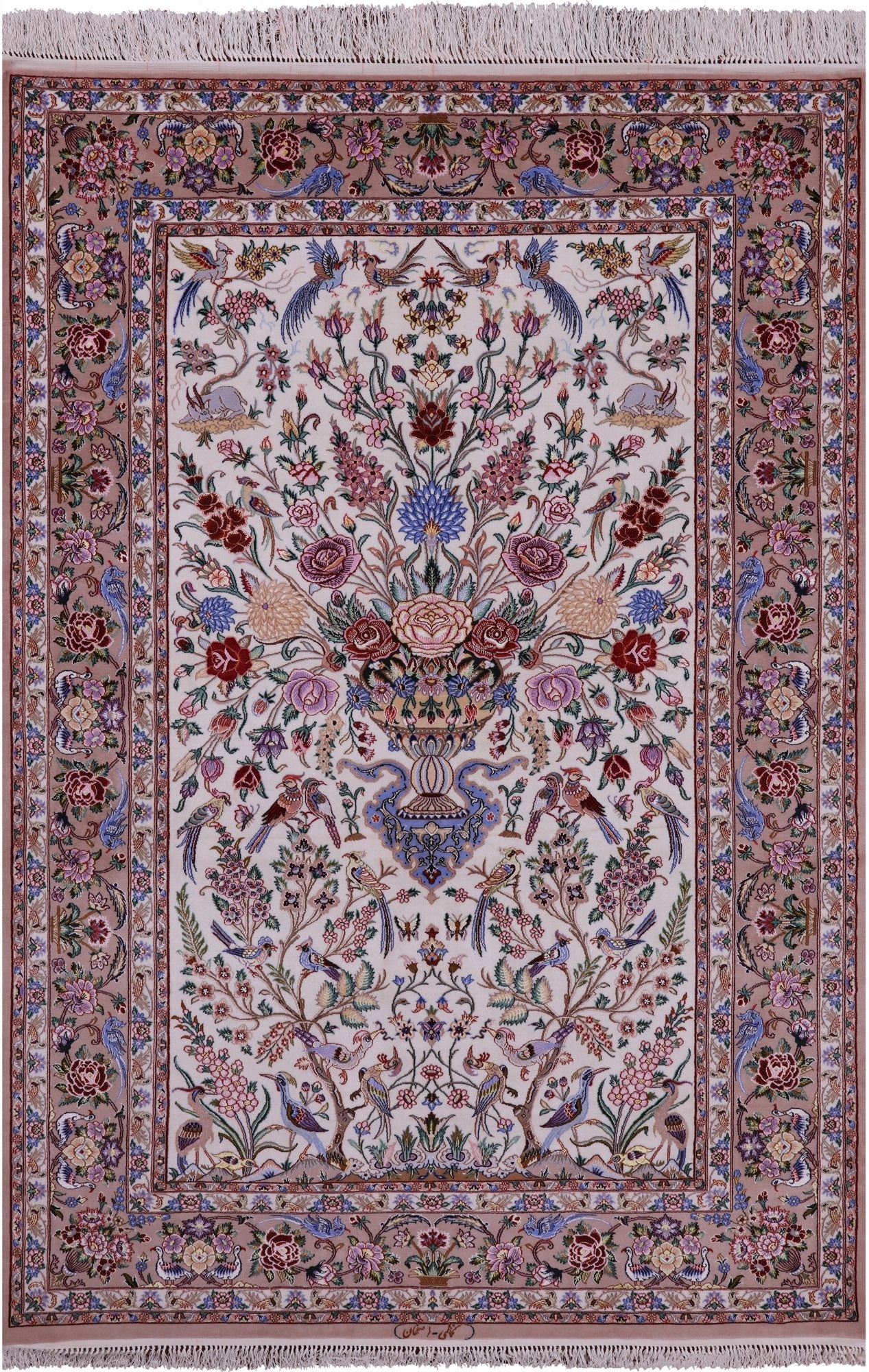 Ivory Isfahan Authentic Persian Hand Knotted Wool & Silk Area Rug - 5' 3" X 7' 9" - Golden Nile