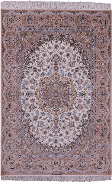 Ivory Isfahan Authentic Persian Hand Knotted Wool & Silk Area Rug - 5' 2" X 7' 7" - Golden Nile