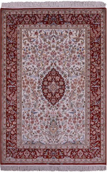 Ivory Isfahan Authentic Persian Hand Knotted Wool & Silk Area Rug - 5' 2" X 7' 10" - Golden Nile