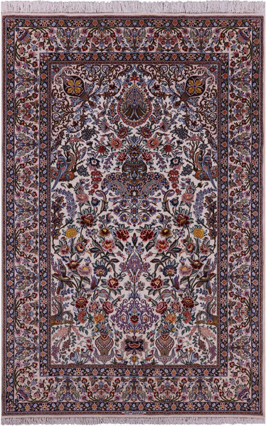 Ivory Isfahan Authentic Persian Hand Knotted Wool & Silk Area Rug - 6' 8" X 10' 2" - Golden Nile