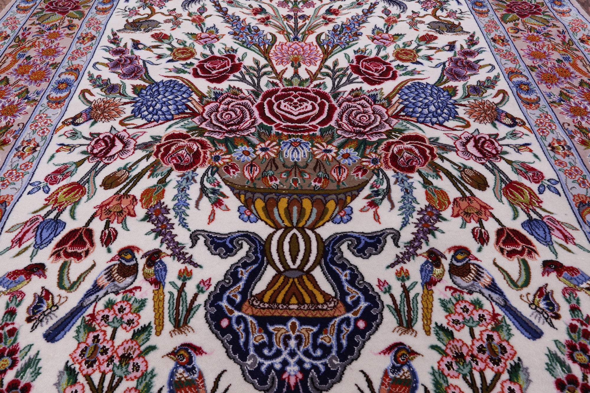 Ivory Wool & Silk Authentic Signed Isfahan Pictorial Persian Rug 4' 3" X 6' 7" - Golden Nile