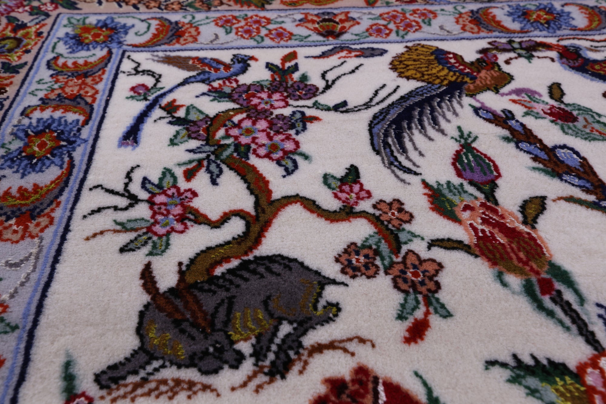 Ivory Wool & Silk Authentic Signed Isfahan Pictorial Persian Rug 4' 3" X 6' 7" - Golden Nile