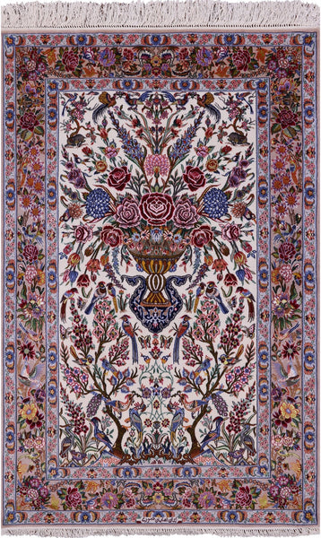 Ivory Wool & Silk Authentic Signed Isfahan Pictorial Persian Rug 4' 3" X 6' 7" - Golden Nile