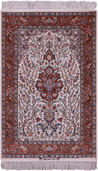 Ivory Signed Authentic Isfahan Wool & Silk Persian Rug 3' 7" X 5' 4" - Golden Nile