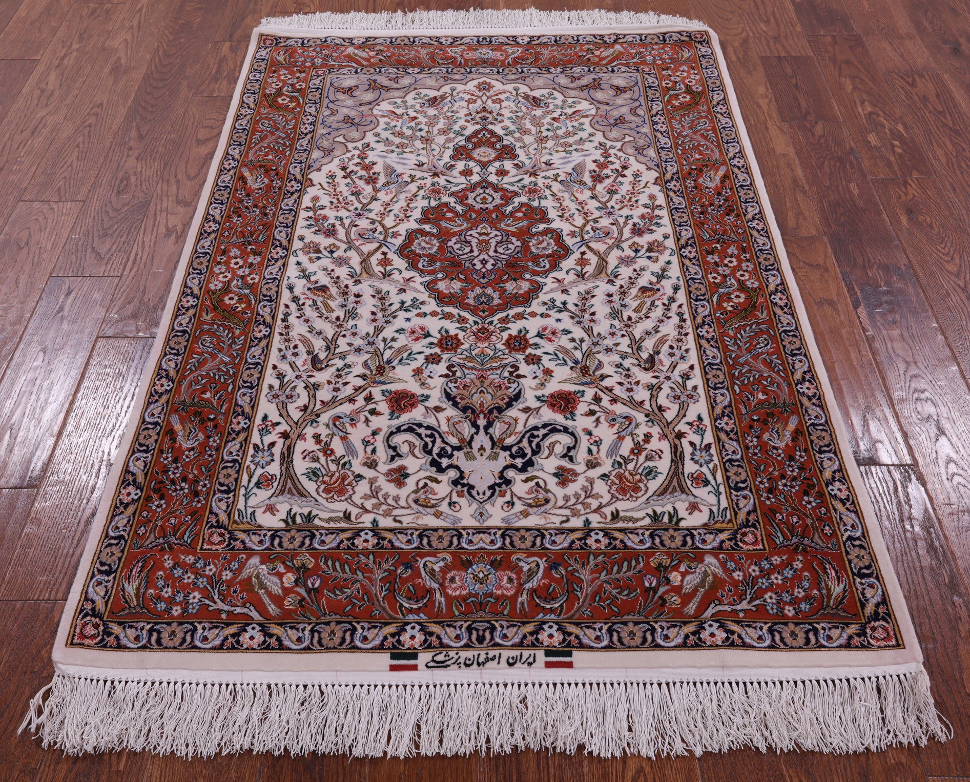 Ivory Signed Authentic Isfahan Wool & Silk Persian Rug 3' 7" X 5' 4" - Golden Nile