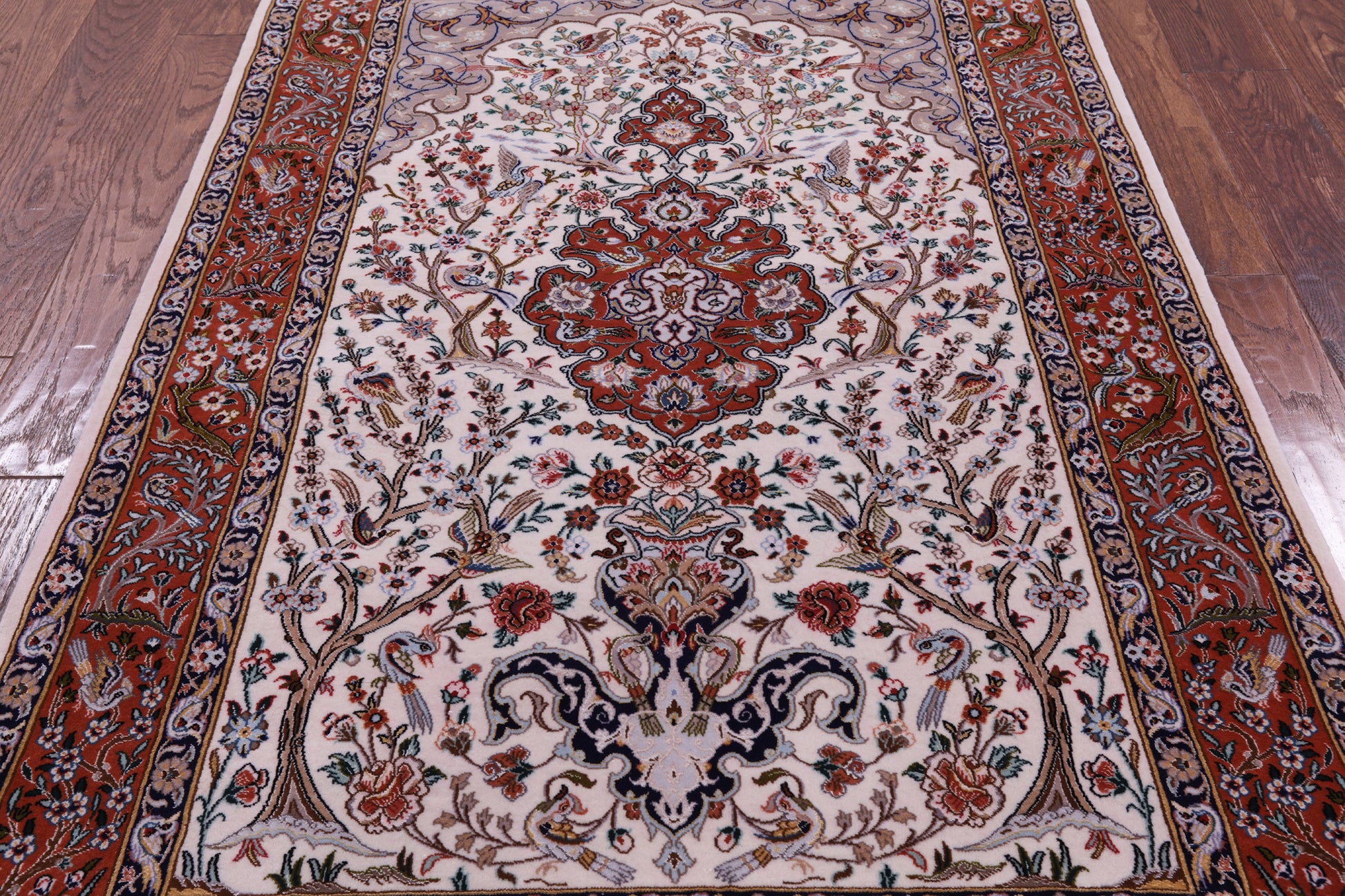 Ivory Signed Authentic Isfahan Wool & Silk Persian Rug 3' 7" X 5' 4" - Golden Nile